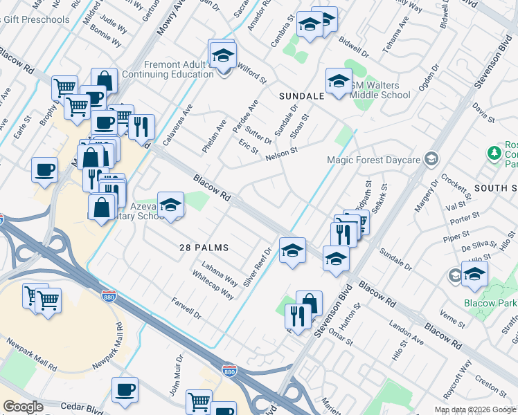 map of restaurants, bars, coffee shops, grocery stores, and more near 39645 Blacow Road in Fremont