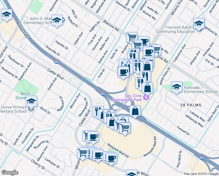 map of restaurants, bars, coffee shops, grocery stores, and more near 5375 Farwell Place in Fremont