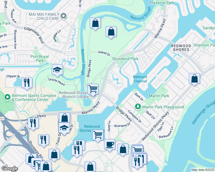 map of restaurants, bars, coffee shops, grocery stores, and more near 56 Cove Lane in Redwood City