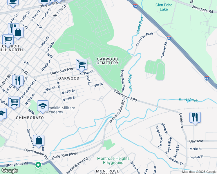map of restaurants, bars, coffee shops, grocery stores, and more near 3800 East Richmond Road in Richmond