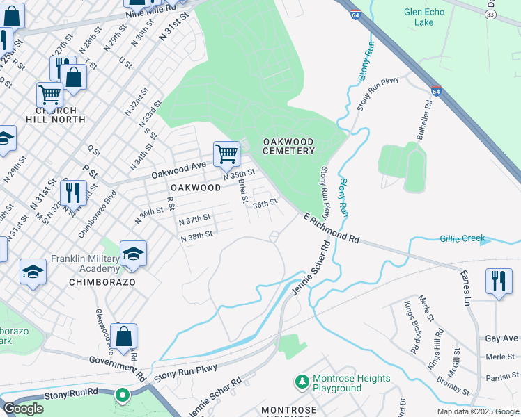 map of restaurants, bars, coffee shops, grocery stores, and more near 3530 East Richmond Road in Richmond