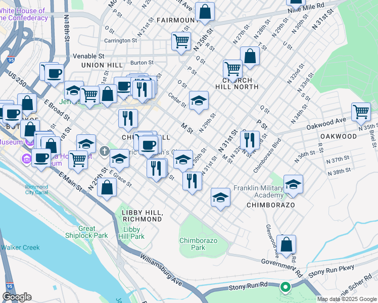 map of restaurants, bars, coffee shops, grocery stores, and more near in Richmond