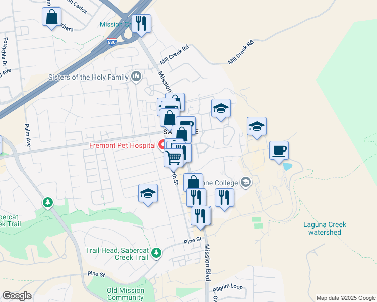 map of restaurants, bars, coffee shops, grocery stores, and more near 43433 Mission Boulevard in Fremont