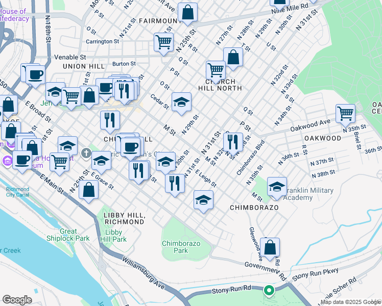 map of restaurants, bars, coffee shops, grocery stores, and more near 617 North 30th Street in Richmond