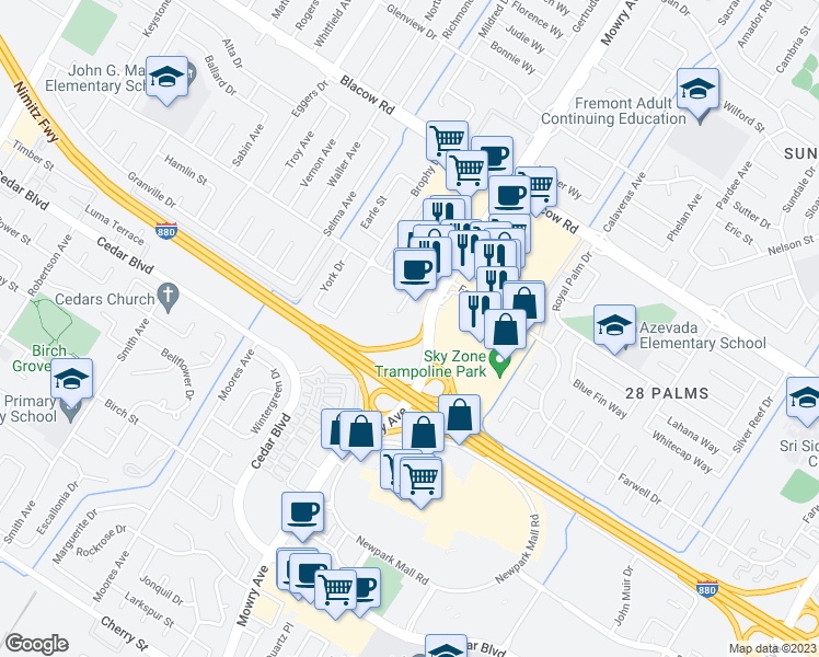 map of restaurants, bars, coffee shops, grocery stores, and more near 5400 Farwell Place in Fremont
