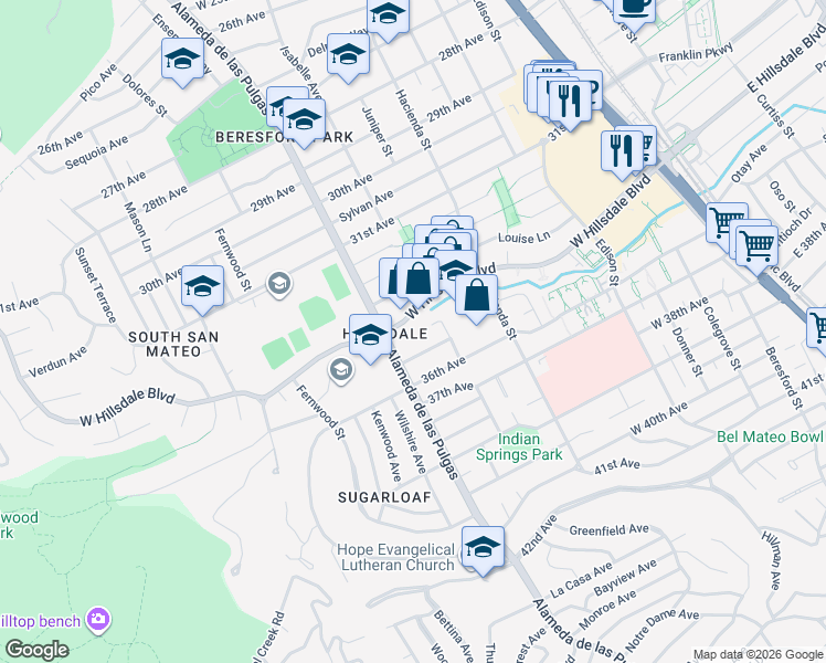 map of restaurants, bars, coffee shops, grocery stores, and more near 428 Voelker Drive in San Mateo