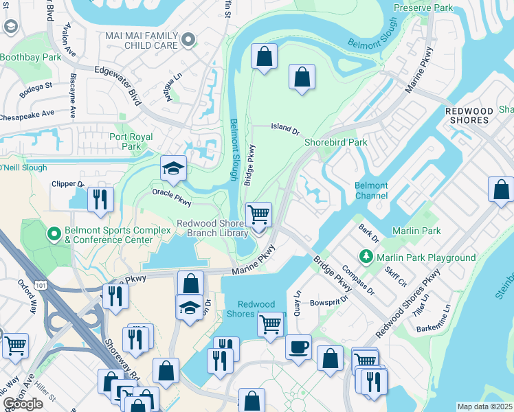 map of restaurants, bars, coffee shops, grocery stores, and more near 409 Cork Harbour Circle in Redwood City