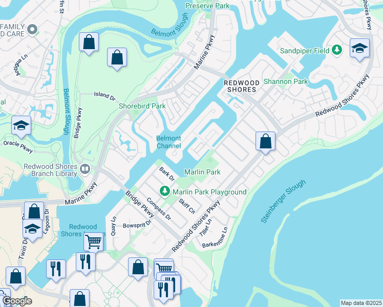 map of restaurants, bars, coffee shops, grocery stores, and more near 15 Spinnaker Place in Redwood City