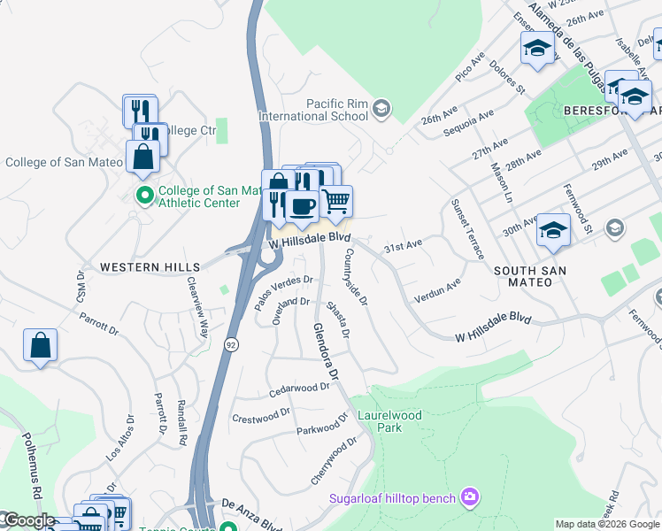 map of restaurants, bars, coffee shops, grocery stores, and more near 1300 Palos Verdes Drive in San Mateo