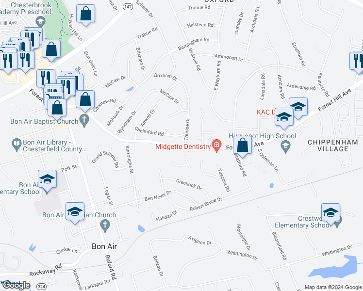 map of restaurants, bars, coffee shops, grocery stores, and more near 2510 Thurloe Drive in Richmond