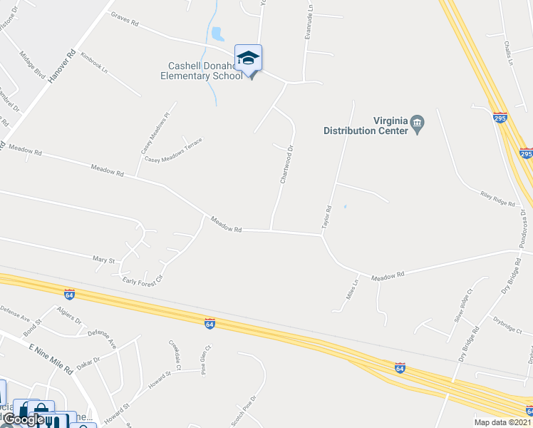 map of restaurants, bars, coffee shops, grocery stores, and more near 3157 Chartwood Drive in Sandston