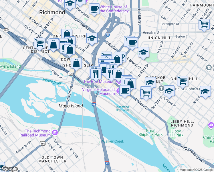 map of restaurants, bars, coffee shops, grocery stores, and more near 1817 East Main Street in Richmond