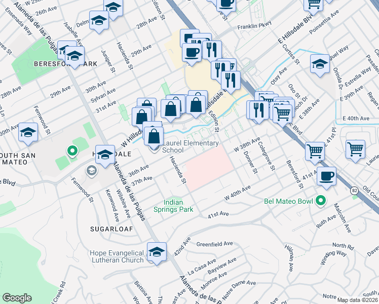 map of restaurants, bars, coffee shops, grocery stores, and more near in San Mateo