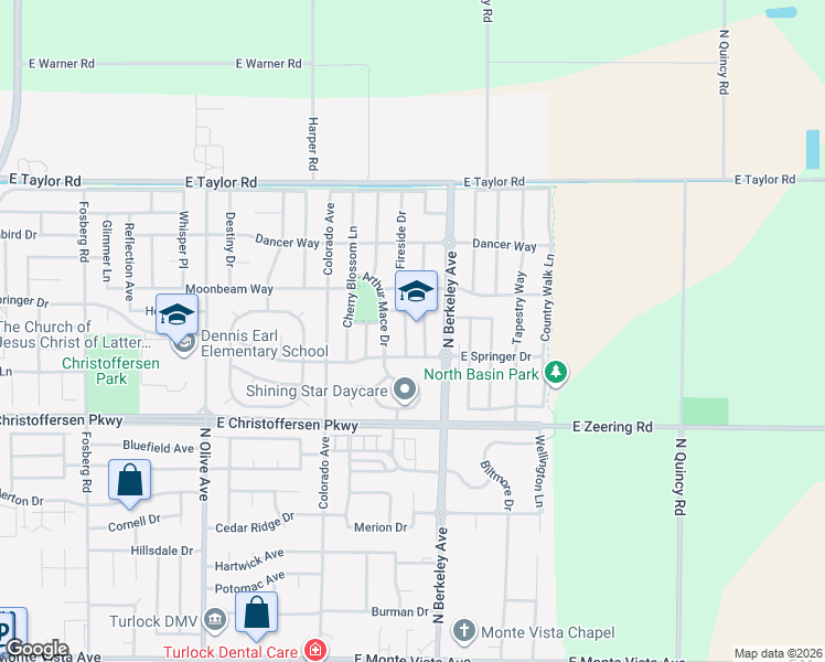 map of restaurants, bars, coffee shops, grocery stores, and more near 4160 Purple Sage Lane in Turlock