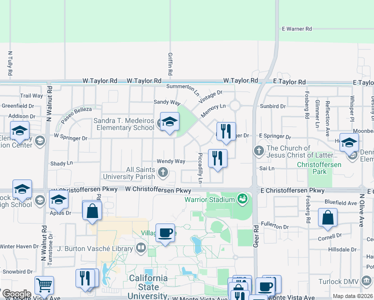 map of restaurants, bars, coffee shops, grocery stores, and more near 4210 Merchant Lane in Turlock