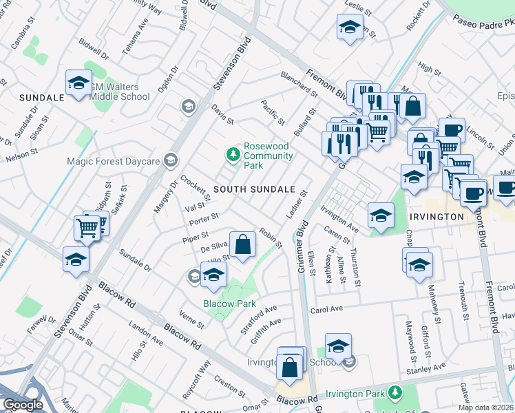 map of restaurants, bars, coffee shops, grocery stores, and more near 40431 Laiolo Road in Fremont