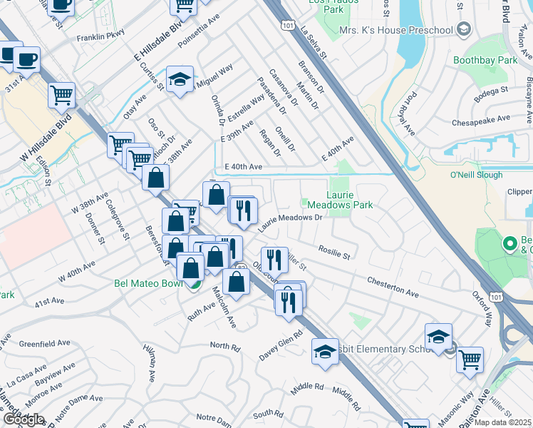 map of restaurants, bars, coffee shops, grocery stores, and more near 58 Laurie Meadows Drive in San Mateo