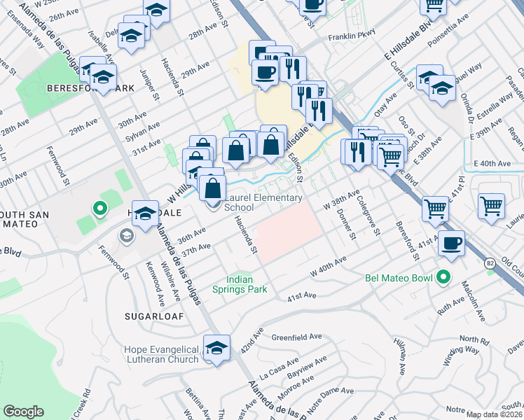 map of restaurants, bars, coffee shops, grocery stores, and more near in San Mateo