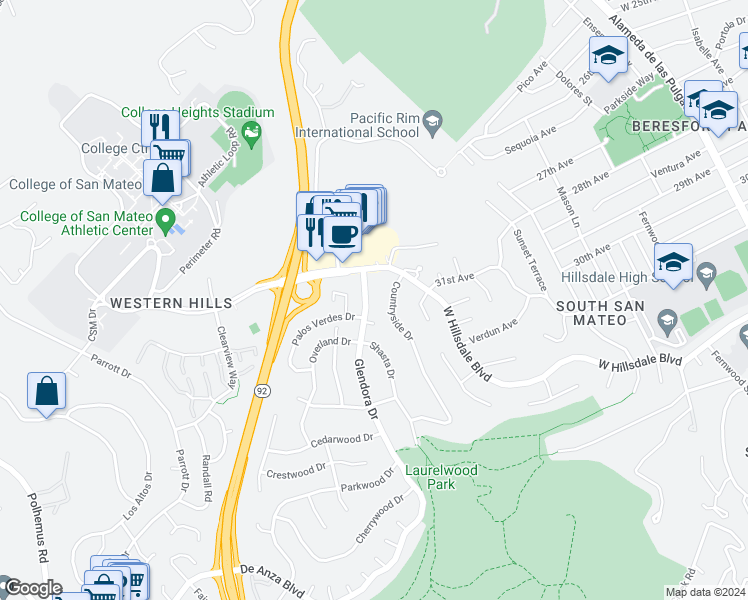map of restaurants, bars, coffee shops, grocery stores, and more near 1300 Palos Verdes Drive in San Mateo