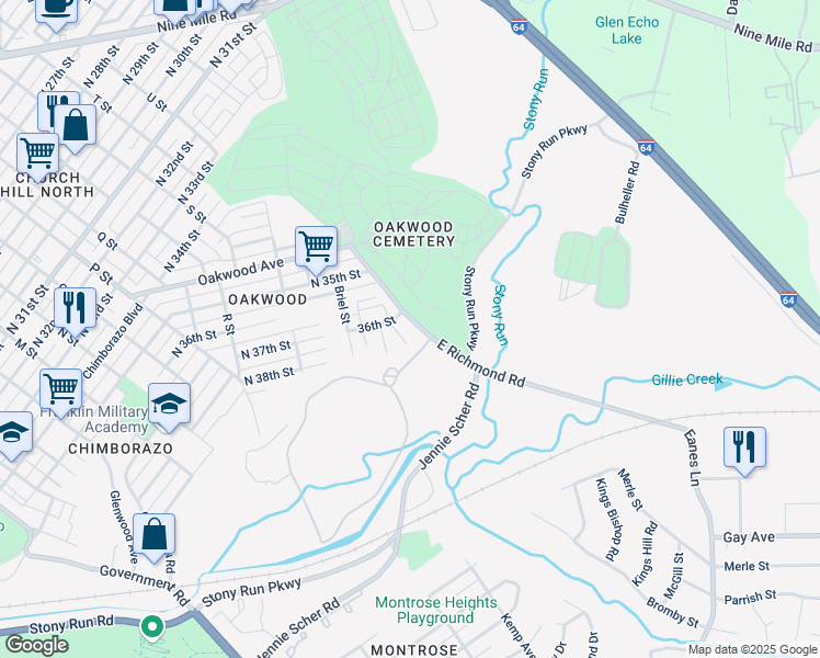 map of restaurants, bars, coffee shops, grocery stores, and more near 3510 East Richmond Road in Richmond