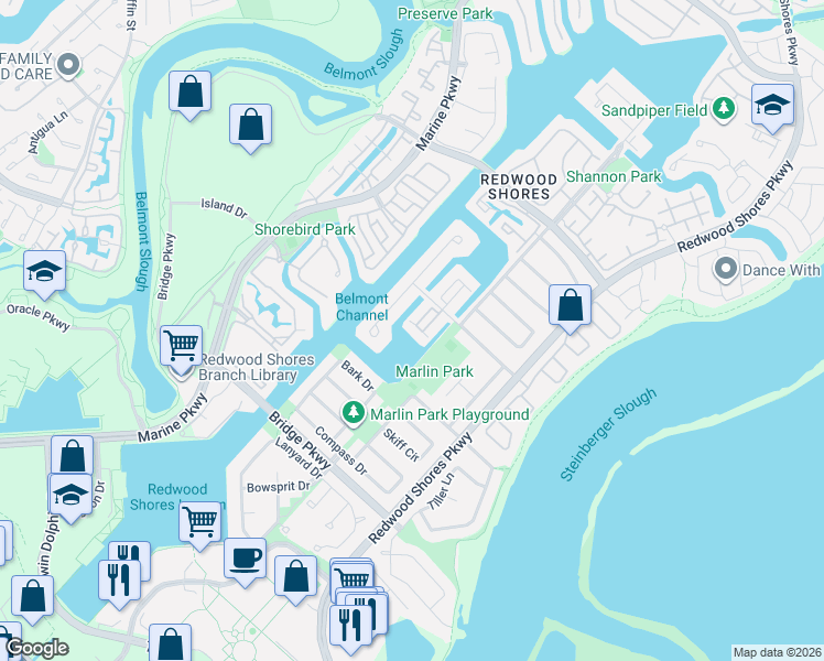 map of restaurants, bars, coffee shops, grocery stores, and more near 17 Spinnaker Place in Redwood City