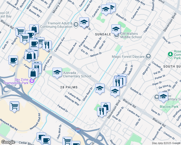 map of restaurants, bars, coffee shops, grocery stores, and more near 39627 Bruning Street in Fremont