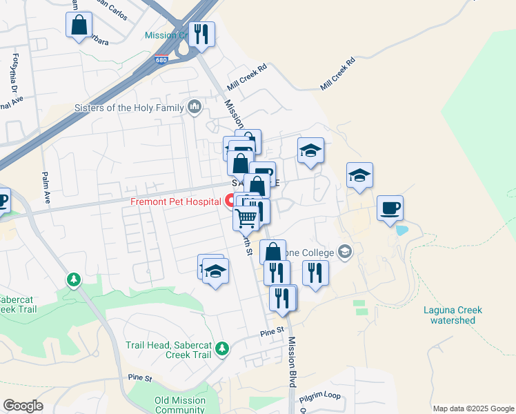 map of restaurants, bars, coffee shops, grocery stores, and more near 43387 Mission Boulevard in Fremont
