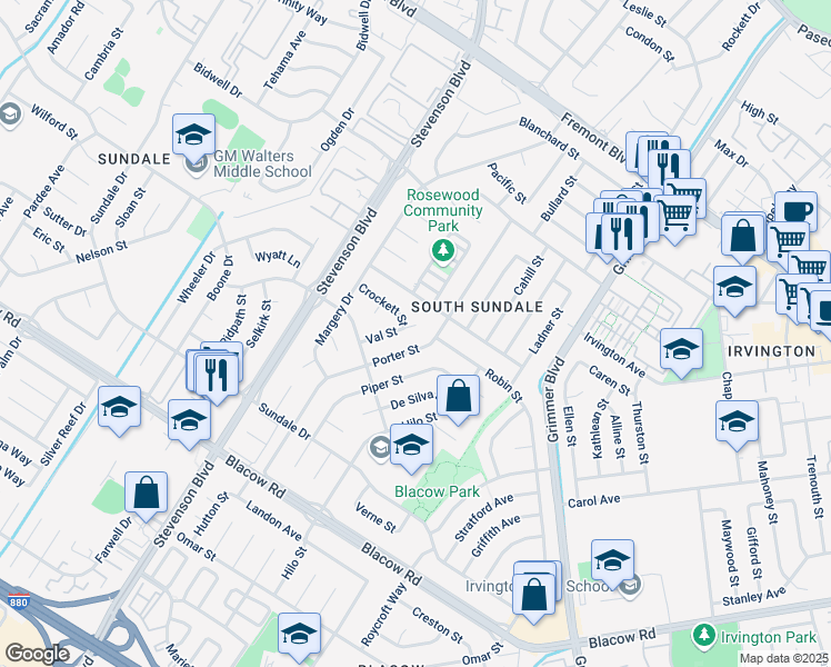 map of restaurants, bars, coffee shops, grocery stores, and more near 4520 Val Street in Fremont
