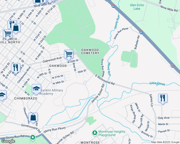 map of restaurants, bars, coffee shops, grocery stores, and more near 3506 East Richmond Road in Richmond