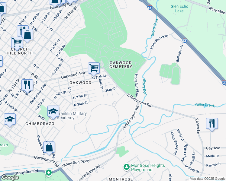 map of restaurants, bars, coffee shops, grocery stores, and more near 3518 East Richmond Road in Richmond