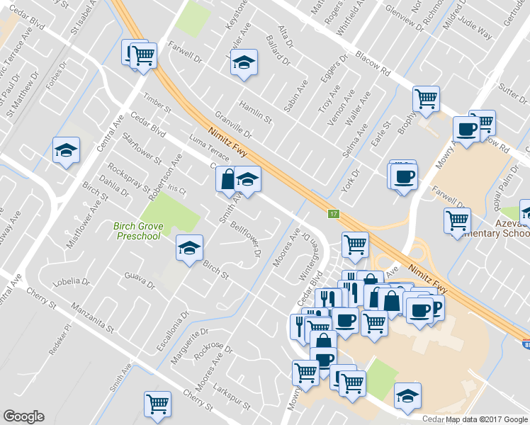 map of restaurants, bars, coffee shops, grocery stores, and more near 38393 Amaryllis Place in Newark