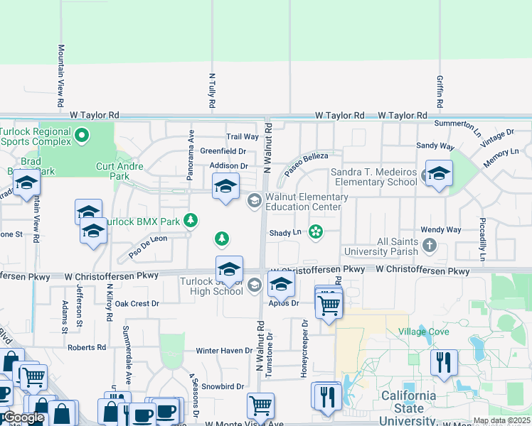 map of restaurants, bars, coffee shops, grocery stores, and more near 4256 North Walnut Road in Turlock