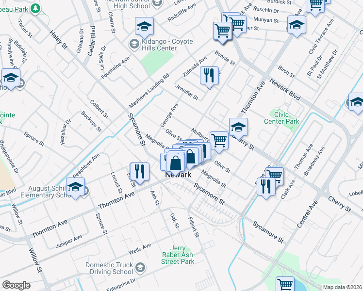 map of restaurants, bars, coffee shops, grocery stores, and more near 6831 Dairy Avenue in Newark