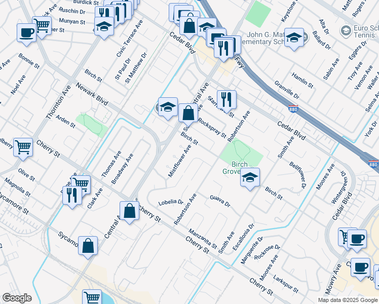 map of restaurants, bars, coffee shops, grocery stores, and more near 6064 Mistflower Avenue in Newark