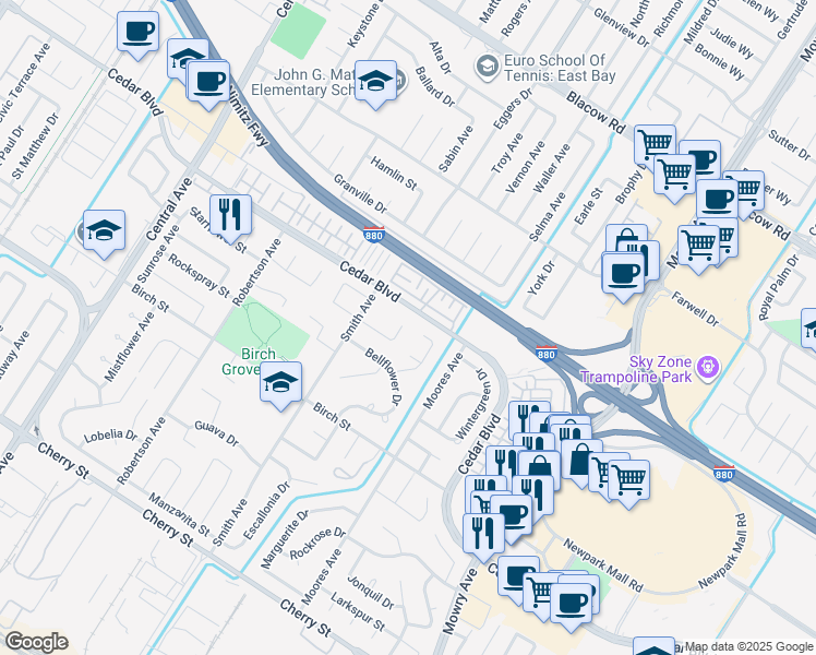 map of restaurants, bars, coffee shops, grocery stores, and more near 38393 Amaryllis Place in Newark