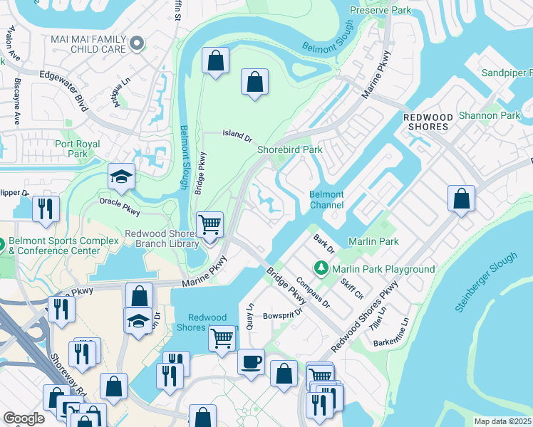 map of restaurants, bars, coffee shops, grocery stores, and more near 223 Shorebird Circle in Redwood City