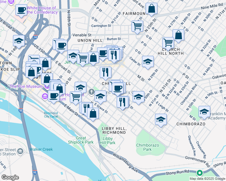 map of restaurants, bars, coffee shops, grocery stores, and more near 324 North 27th Street in Richmond