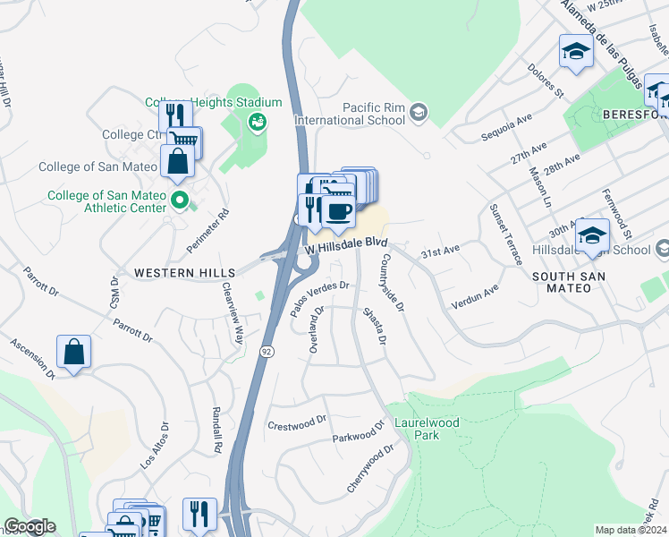 map of restaurants, bars, coffee shops, grocery stores, and more near 3224 Palos Verdes Court in San Mateo