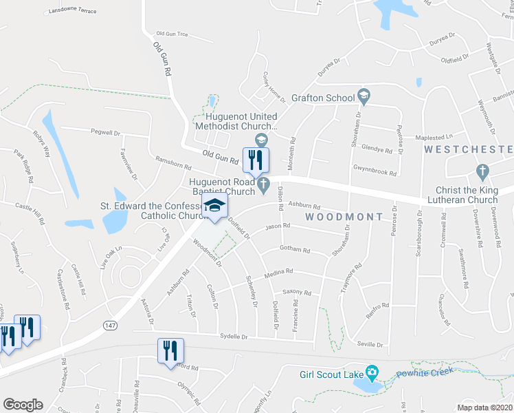 map of restaurants, bars, coffee shops, grocery stores, and more near 10547 Ashburn Road in Bon Air