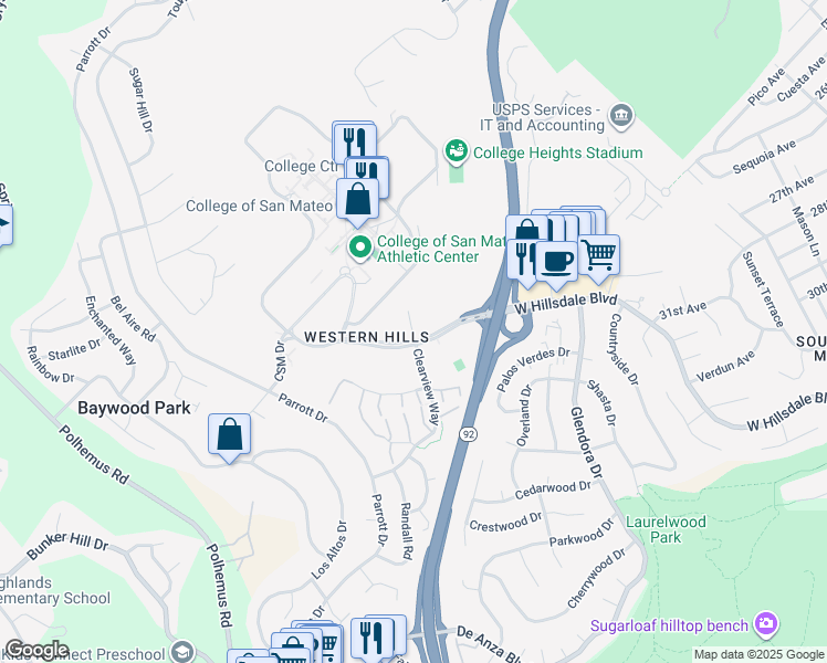 map of restaurants, bars, coffee shops, grocery stores, and more near 3125 Clearview Way in San Mateo