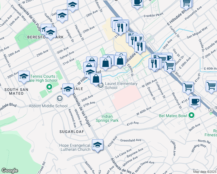 map of restaurants, bars, coffee shops, grocery stores, and more near 272 36th Avenue in San Mateo