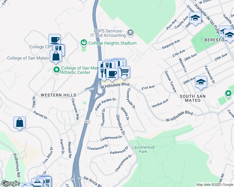 map of restaurants, bars, coffee shops, grocery stores, and more near 3222 Glendora Drive in San Mateo