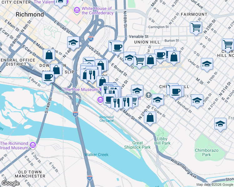 map of restaurants, bars, coffee shops, grocery stores, and more near 2109 East Franklin Street in Richmond