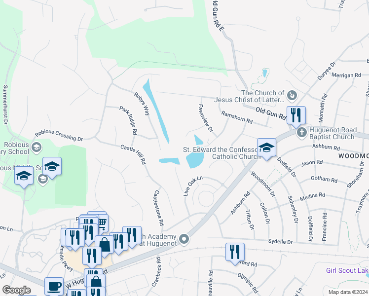 map of restaurants, bars, coffee shops, grocery stores, and more near 2900 Fincastle Court in Midlothian