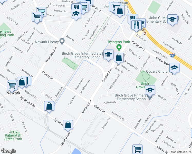 map of restaurants, bars, coffee shops, grocery stores, and more near 6203 Market Avenue in Newark