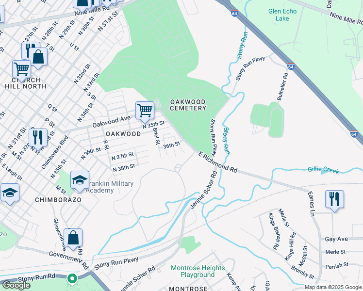 map of restaurants, bars, coffee shops, grocery stores, and more near 3514 East Richmond Road in Richmond