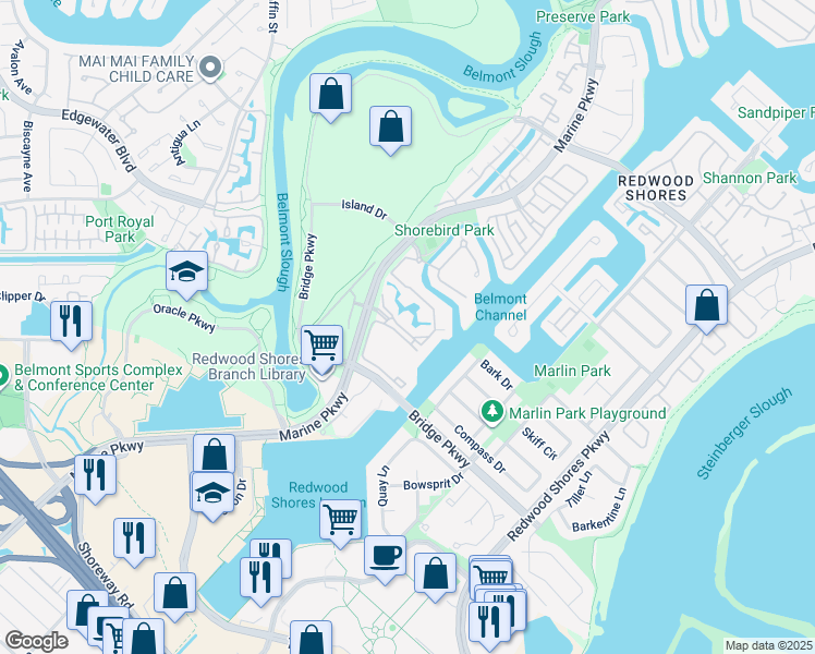 map of restaurants, bars, coffee shops, grocery stores, and more near 223 Shorebird Circle in Redwood City