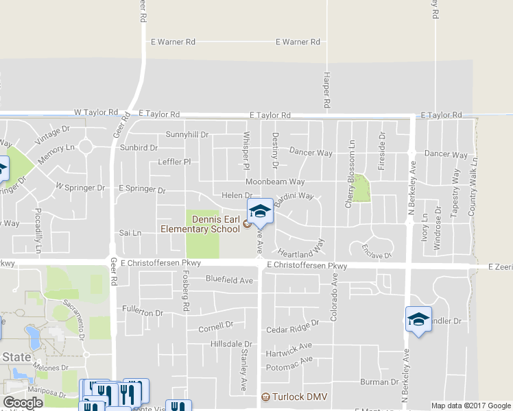 map of restaurants, bars, coffee shops, grocery stores, and more near 4148 North Olive Avenue in Turlock