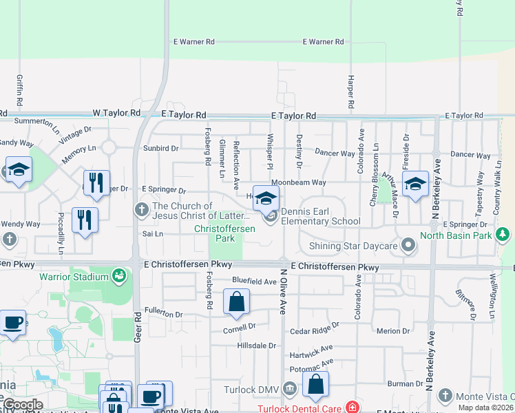 map of restaurants, bars, coffee shops, grocery stores, and more near 4091 North Olive Avenue in Turlock