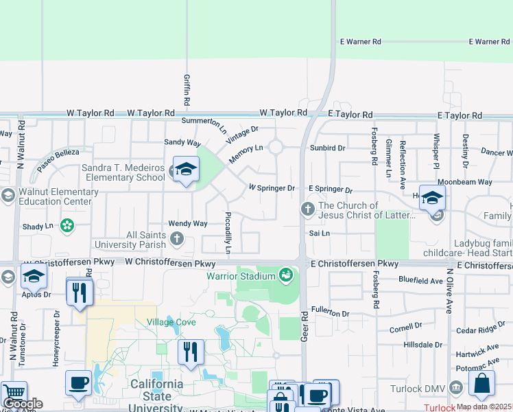 map of restaurants, bars, coffee shops, grocery stores, and more near 353 Sunshine Way in Turlock